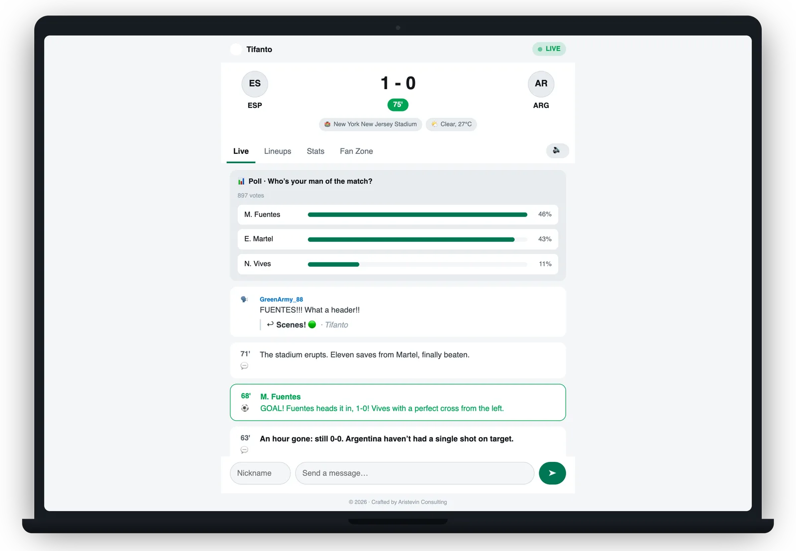 Match centre on a laptop
