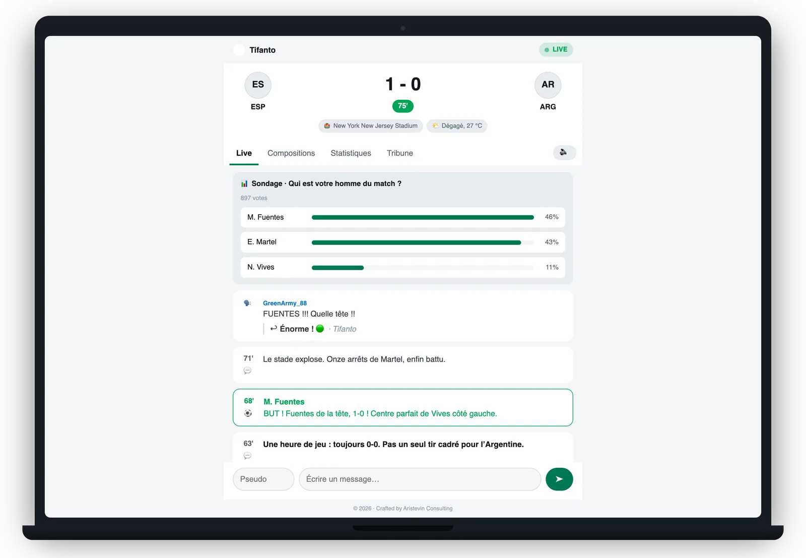 Fiche de match sur ordinateur portable