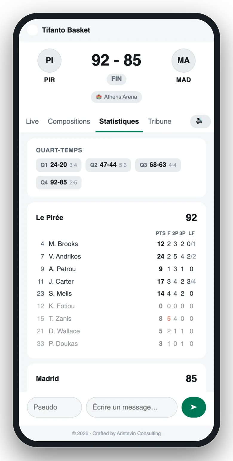 Feuille de match basket sur smartphone